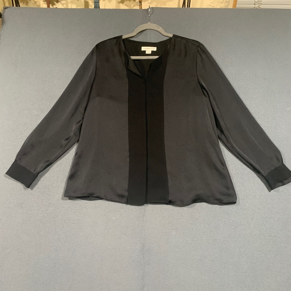 Coldwater Creek Black Satin Split Neck Blouse Top Petite Large Semi Sheer